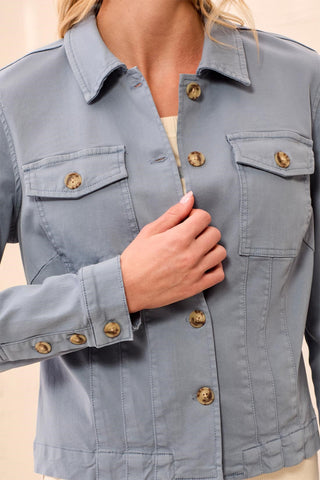 Comfort Stretch Long Sleeve Button Front Denim Jacket-Blue fog
