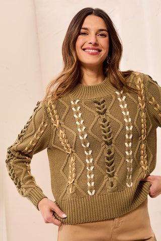 Contrast Lace-Up Cable Knit Crew Neck Sweater-Aloe