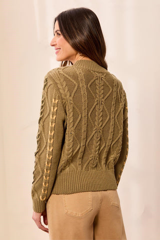 Contrast Lace-Up Cable Knit Crew Neck Sweater-Aloe