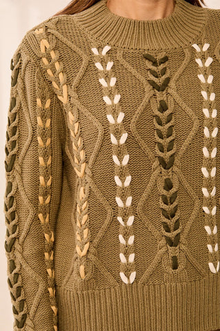 Contrast Lace-Up Cable Knit Crew Neck Sweater-Aloe