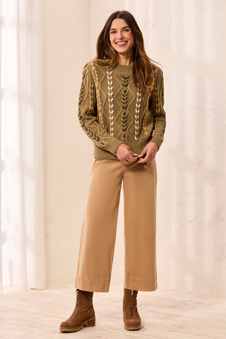 Contrast Lace-Up Cable Knit Crew Neck Sweater-Aloe