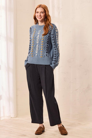 Chandail À Encolure Ronde En Tricot Torsadé Avec Lacets Contrastants-Brouillard bleu