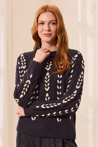 Contrast Lace-Up Cable Knit Crew Neck Sweater-Sapphire