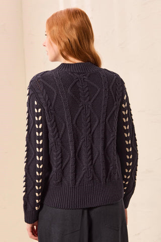 Contrast Lace-Up Cable Knit Crew Neck Sweater-Sapphire