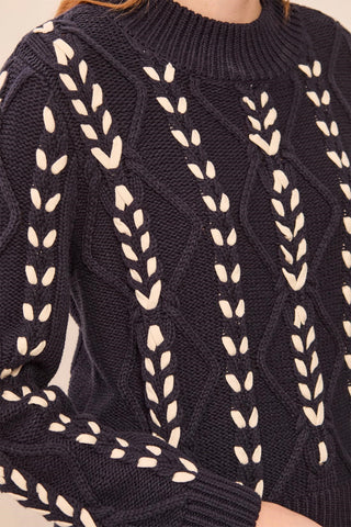 Contrast Lace-Up Cable Knit Crew Neck Sweater-Sapphire