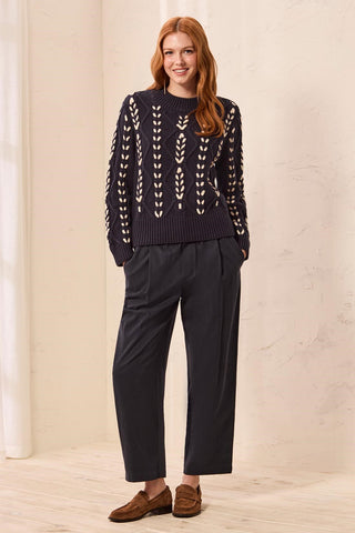 Contrast Lace-Up Cable Knit Crew Neck Sweater-Sapphire