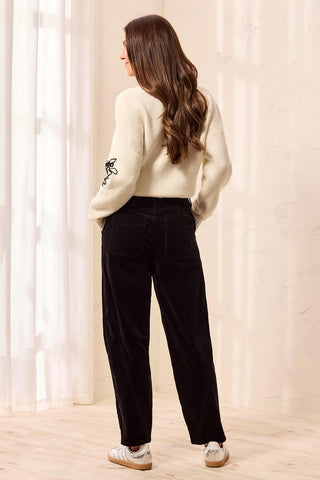 Pantalon Évasé En Velours Côtelé Avec Fentes Boutonnées-Noir