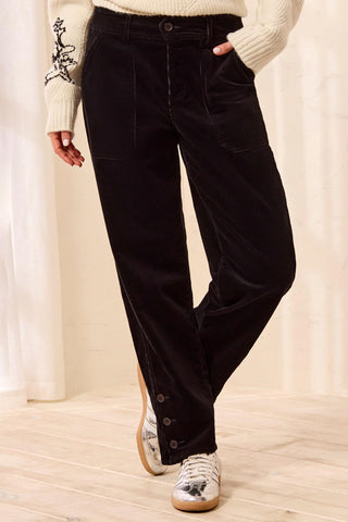 Pantalon Évasé En Velours Côtelé Avec Fentes Boutonnées-Noir