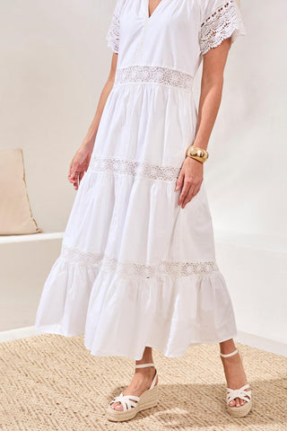 Cotton Poplin Lace-Trim Tiered V-Neck Maxi Dress-White – Tribal® Fashion