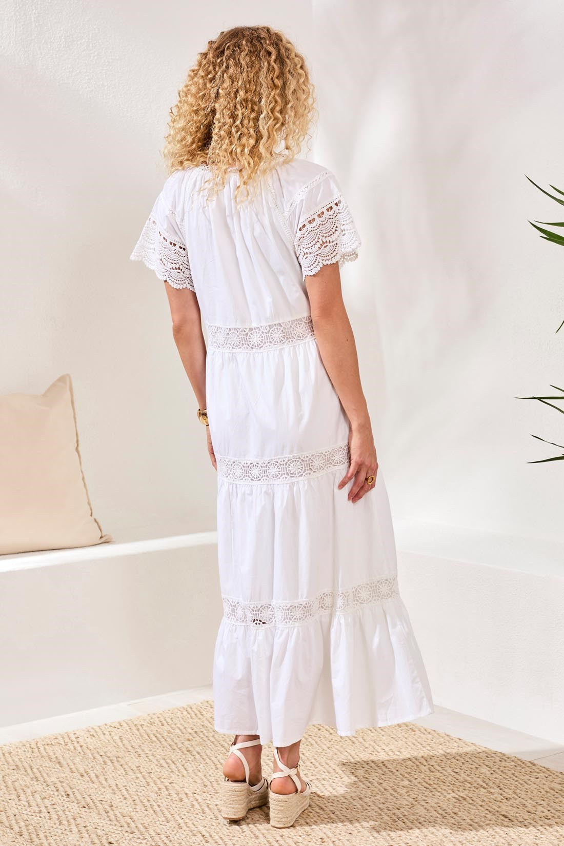 Cotton Poplin Lace-Trim Tiered V-Neck Maxi Dress-White – Tribal® Fashion