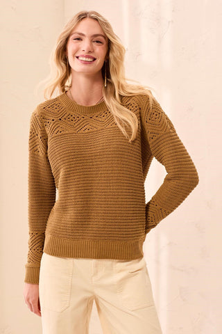 Cotton Pointelle Yoke Knit Crew Neck Sweater-Dullgold