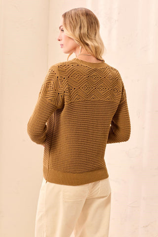 Cotton Pointelle Yoke Knit Crew Neck Sweater-Dullgold