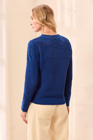 Cotton Pointelle Yoke Knit Crew Neck Sweater-Stellar