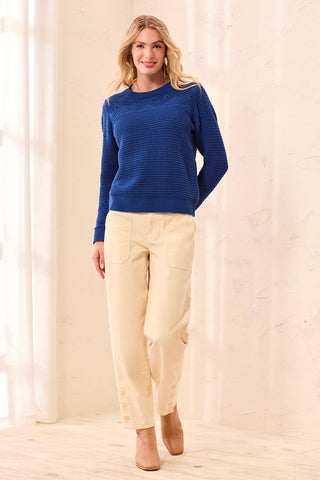 Cotton Pointelle Yoke Knit Crew Neck Sweater-Stellar