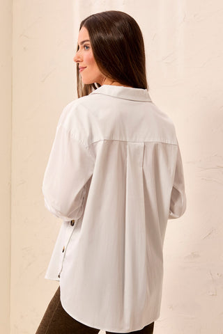 Cotton Poplin Long Sleeve Button Front Collared Blouse-White