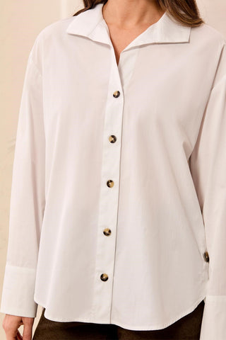 Cotton Poplin Long Sleeve Button Front Collared Blouse-White