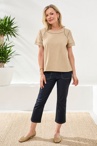 Cotton Slub Short Sleeve Top With Lace Detail-Beach