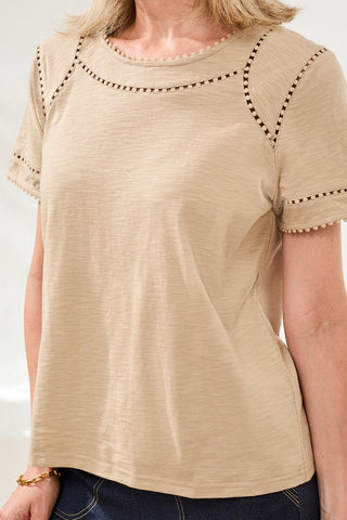 Cotton Slub Short Sleeve Top With Lace Detail-Beach