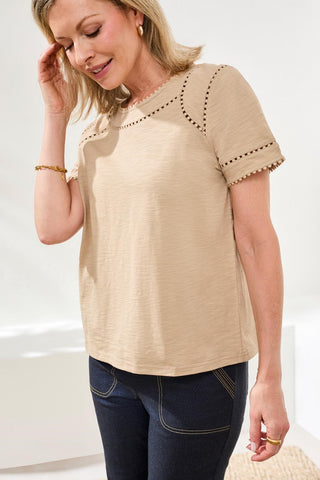 Cotton Slub Short Sleeve Top With Lace Detail-Beach