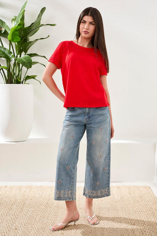 Cotton Slub Short Sleeve Top With Lace Detail-Sangria
