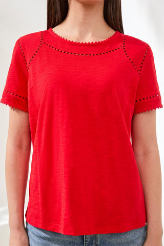 Cotton Slub Short Sleeve Top With Lace Detail-Sangria