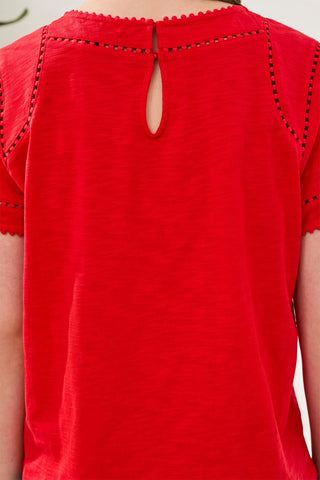 Cotton Slub Short Sleeve Top With Lace Detail-Sangria