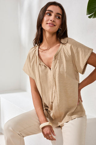 Cotton Slub Split Neck Tassel Top-Beach