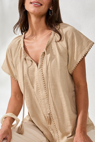 Cotton Slub Split Neck Tassel Top-Beach