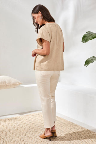 Cotton Slub Split Neck Tassel Top-Beach