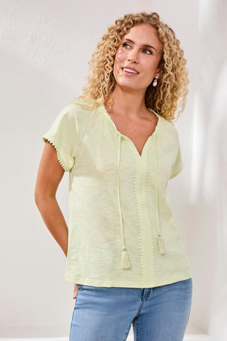 Cotton Slub Split Neck Tassel Top-Limecream