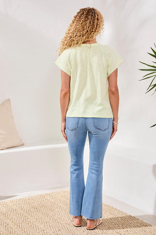 Cotton Slub Split Neck Tassel Top-Limecream