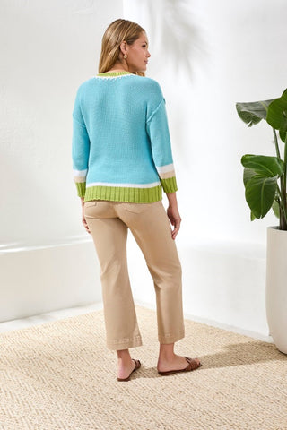 Crew Neck Cotton Sweater With Contrast Stitch Detail-Aqua sky