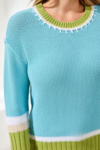 Crew Neck Cotton Sweater With Contrast Stitch Detail-Aqua sky
