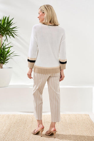 Crew Neck Cotton Sweater With Contrast Stitch Detail-White