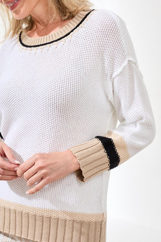 Crew Neck Cotton Sweater With Contrast Stitch Detail-White