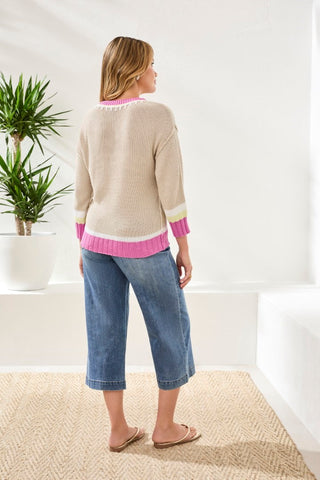 Crew Neck Cotton Sweater With Contrast Stitch Detail-Wisteria