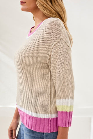 Crew Neck Cotton Sweater With Contrast Stitch Detail-Wisteria