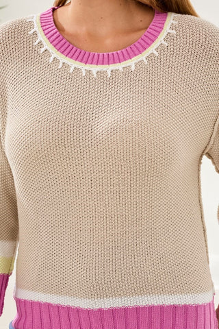 Crew Neck Cotton Sweater With Contrast Stitch Detail-Wisteria