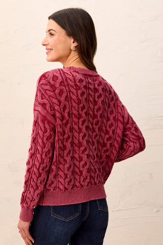 Cable Knit Special Wash Crew Neck Sweater-Pinot