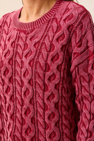 Cable Knit Special Wash Crew Neck Sweater-Pinot