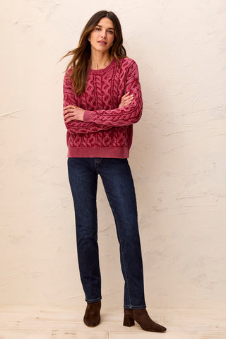 Cable Knit Special Wash Crew Neck Sweater-Pinot