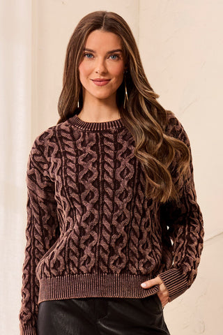 Cable Knit Special Wash Crew Neck Sweater-Saddlebrown