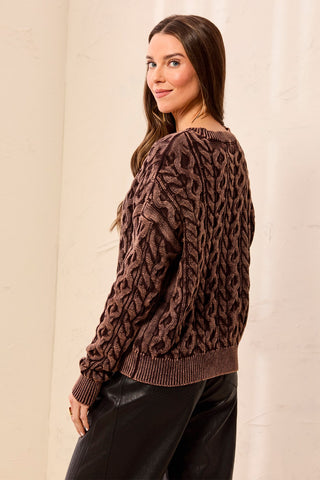 Cable Knit Special Wash Crew Neck Sweater-Saddlebrown