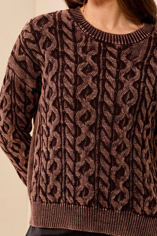 Cable Knit Special Wash Crew Neck Sweater-Saddlebrown