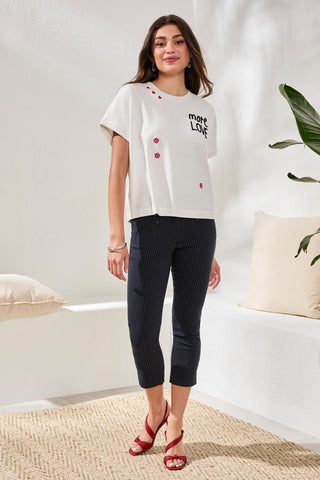 Crewneck Cap Sleeve Top With Embroidered Detail-White