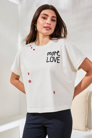 Crewneck Cap Sleeve Top With Embroidered Detail-White