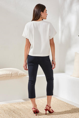 Crewneck Cap Sleeve Top With Embroidered Detail-White