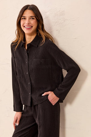 Crinkle Lyocell® Long Sleeve Button Front Shirt-Black