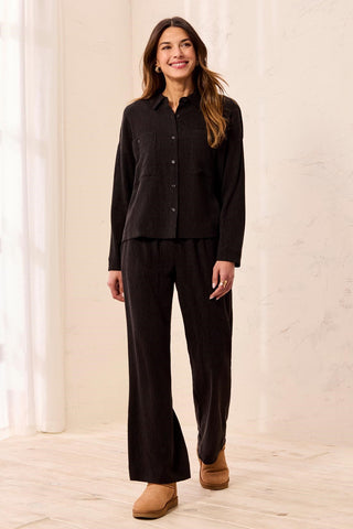 Crinkle Lyocell® Long Sleeve Button Front Shirt-Black