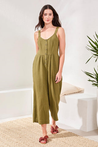 Crinkled Gauze Jumpsuit With Smocking At Back-Rainforest